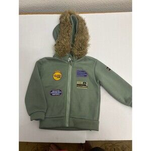 SHEIN Boys Sage Green Patch Hooded Jacket with Faux Fur Trim- Size 5Y